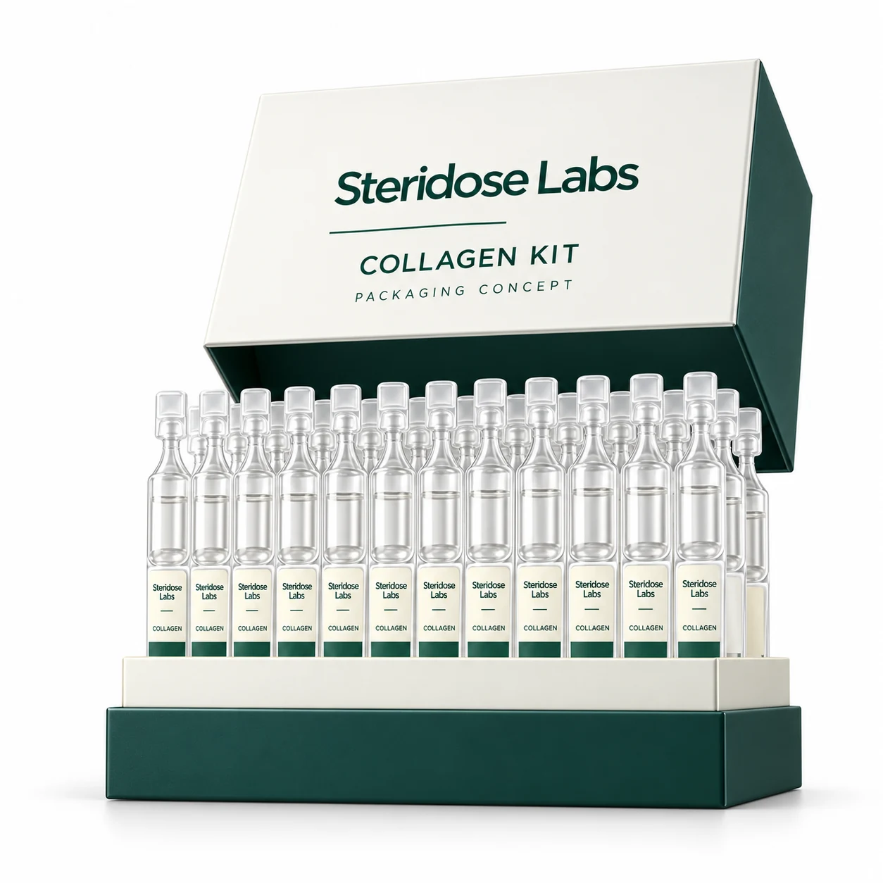 Steridose Labs green and ivory presentation kit concept with a carton and rows of clear ampoules