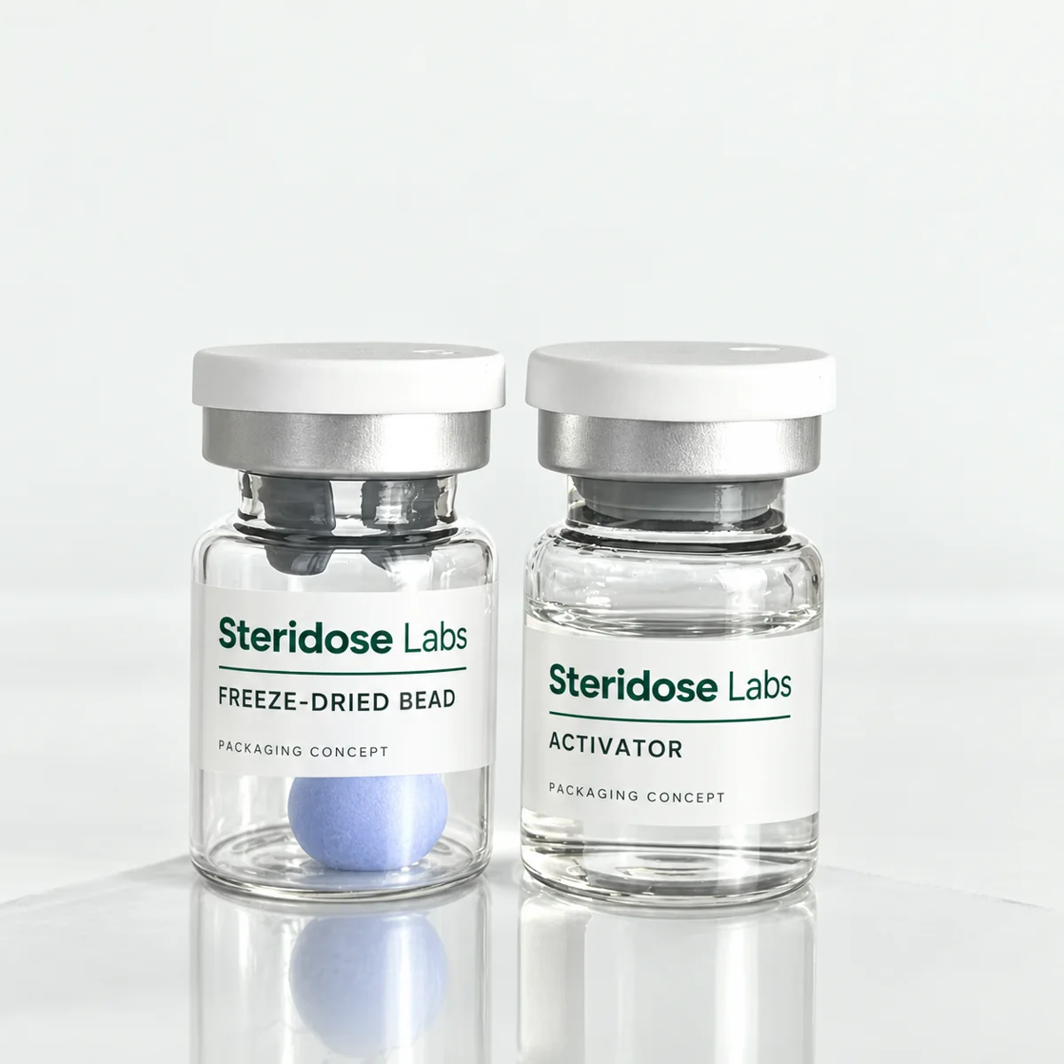 Steridose Labs blue bead and separate activator packaging concept