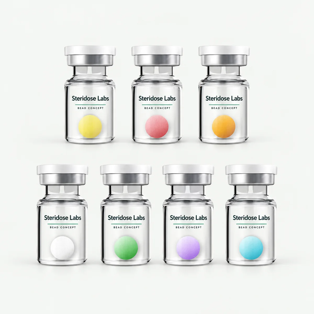 Steridose Labs coloured lyophilized bead packaging concepts; colours do not indicate formula identities