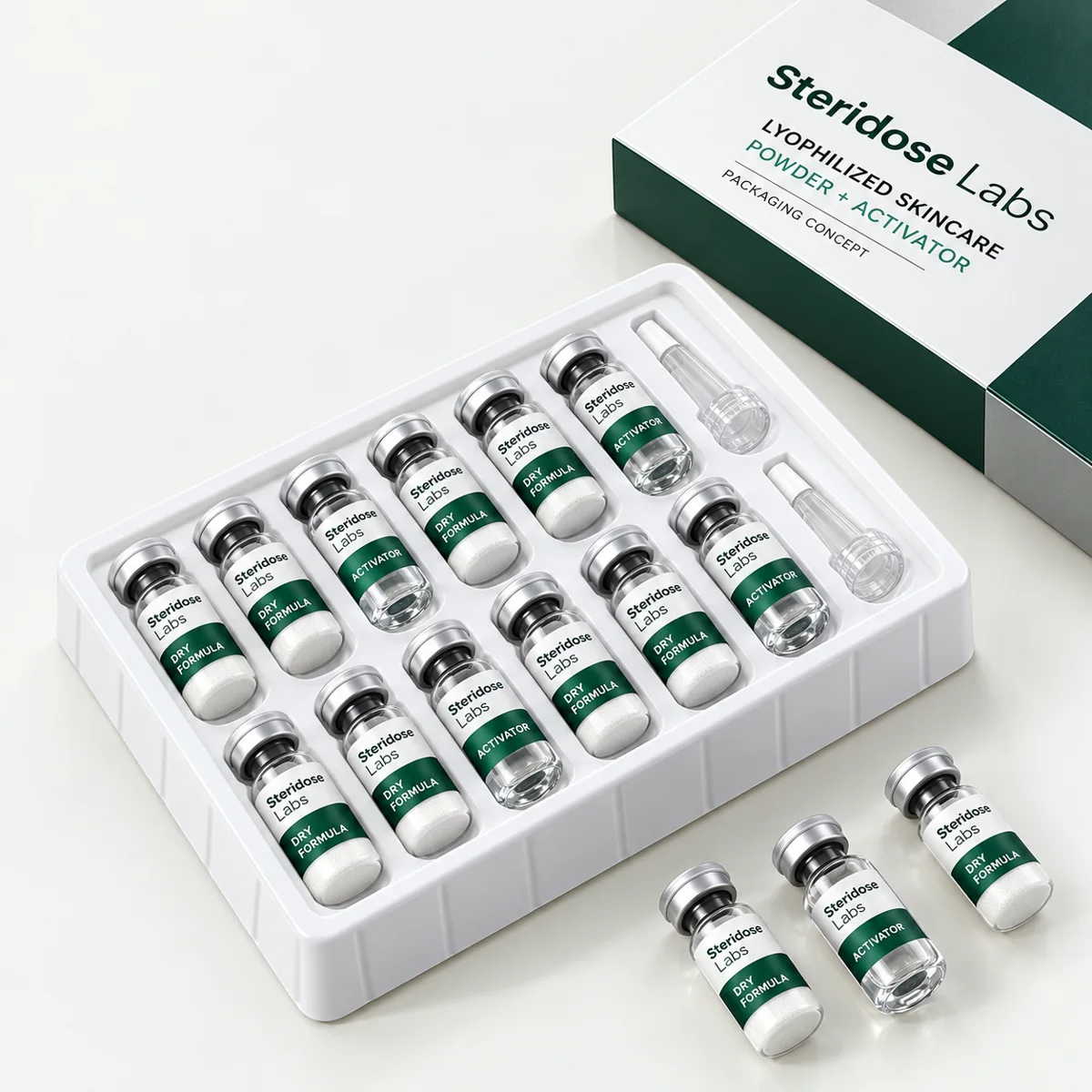 Angled Steridose Labs lyophilized powder and activator kit packaging concept