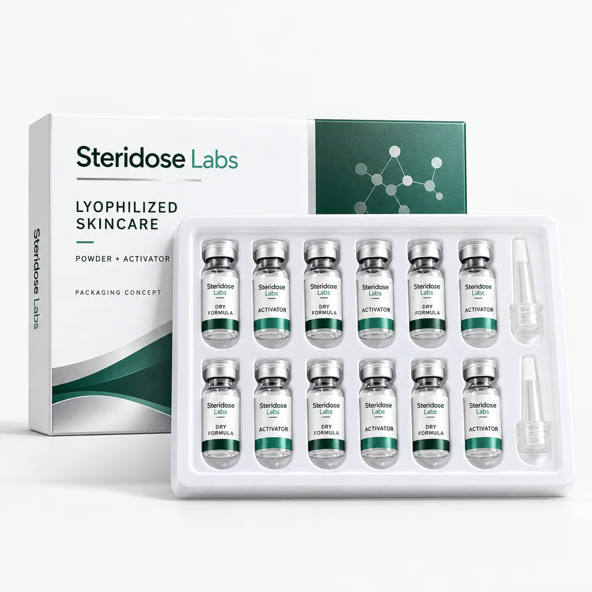 Steridose Labs powder and activator vial kit packaging concept in forest green, white and silver