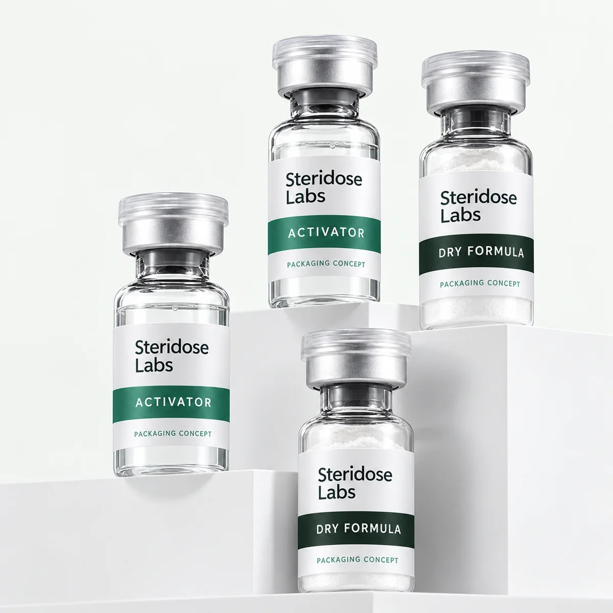 Steridose Labs dry formula and activator vial label concepts with silver caps