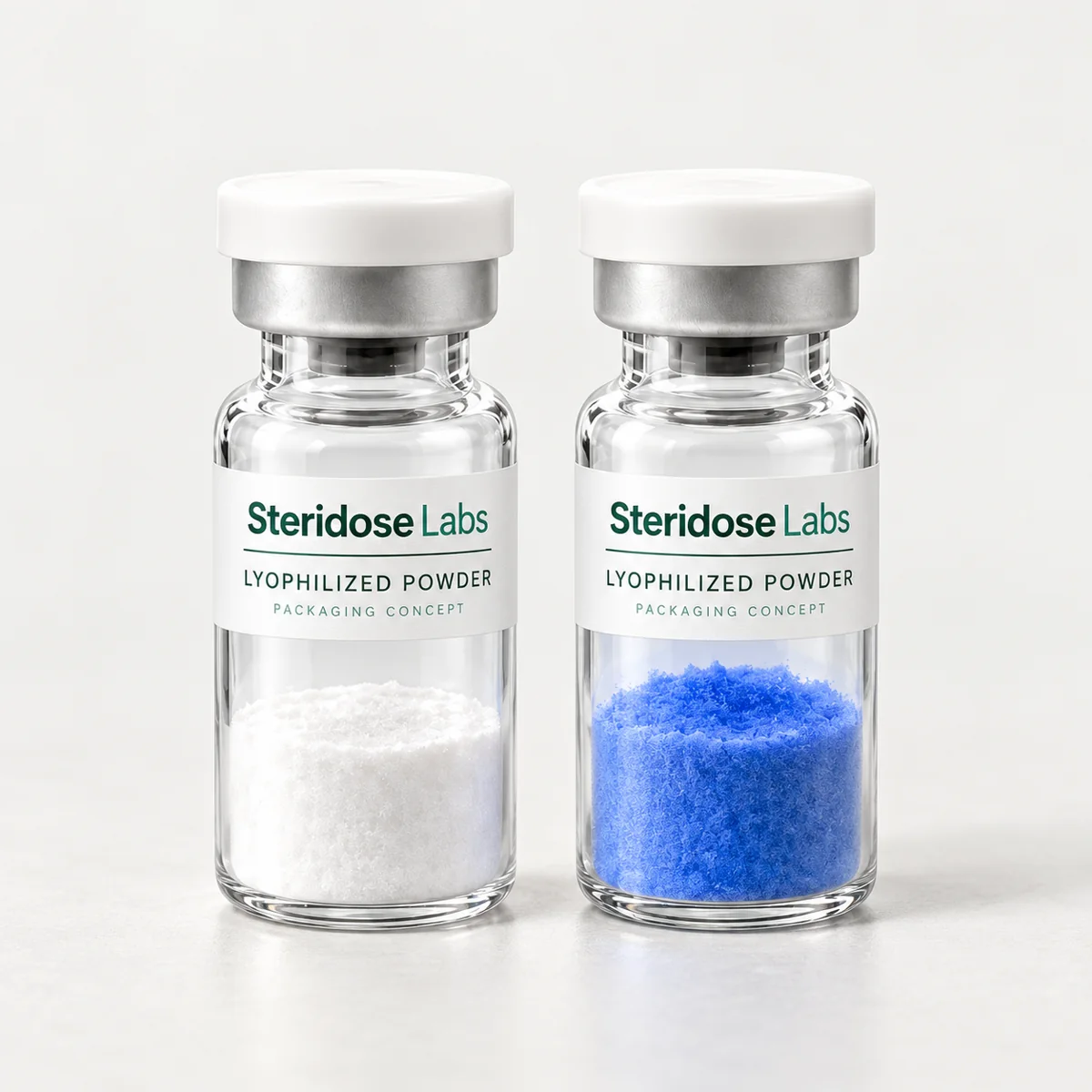 Steridose Labs white and blue lyophilized powder packaging concepts; colour does not identify composition
