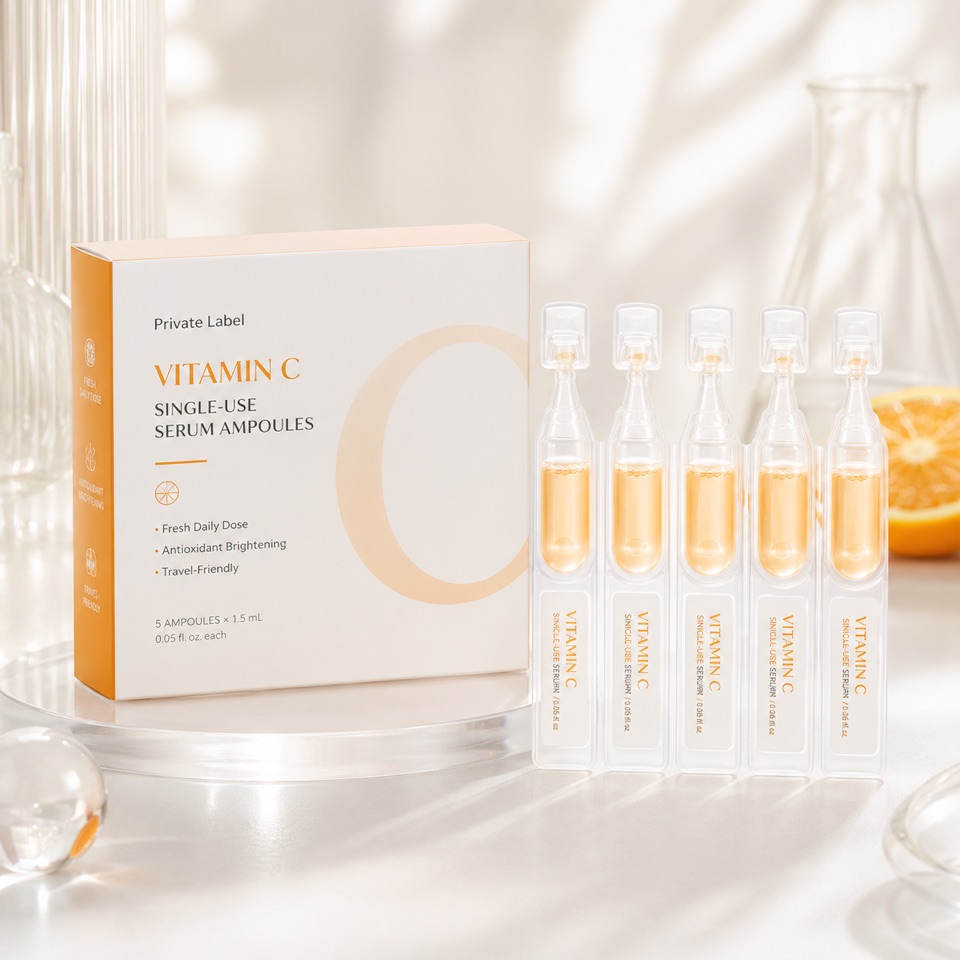 Illustrative private-label vitamin C single-dose serum concept for travel-size pilot planning