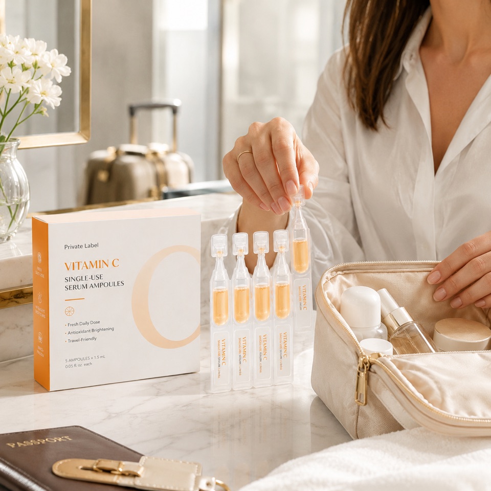 Illustrative vitamin C single-dose serum travel routine for discovery kit and GWP planning